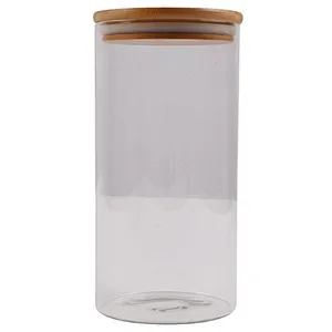 Union Source spice metal container food high borosilicate kitchen glass storage jar with airtight wood lids