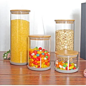 Union Source spice metal container food high borosilicate kitchen glass storage jar with airtight wood lids
