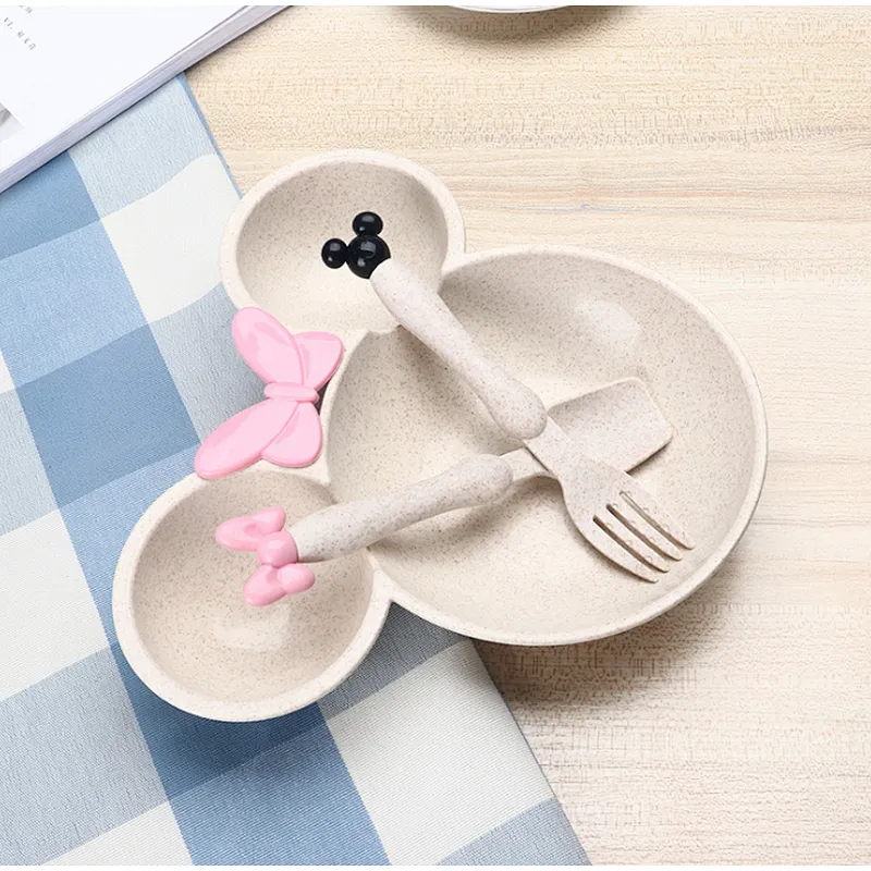 Russia Market Minnie Mouse Shape Baby Plates Sets Bamboo/Kids Dinner Plate Set With Fork And spoon