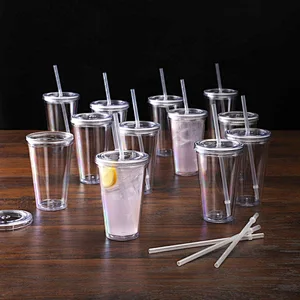 24oz Double Wall Insulate Reusable Travel Ice Coffee Mugs Transparent Plastic Tumblers With Straw And Lid In Bulk