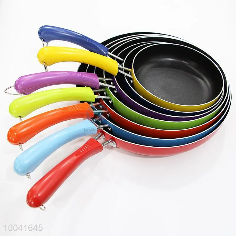 7Pieces/Set Household Colourful Coating Aluminum Wok Pan Frying Pan With Curved Handle