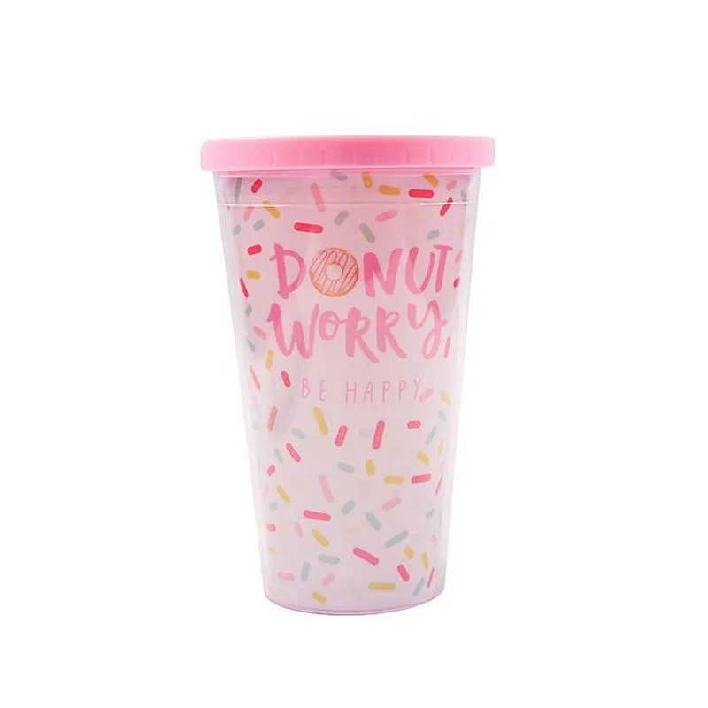 Union Source Double Wall Custom Print Reusable Clear Coffee Drink Plastic Cup with Straw