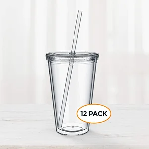 16oz Double Wall Insulate Reusable Travel Ice Coffee Mugs Transparent Plastic Tumblers With Straw And Lid In Bulk