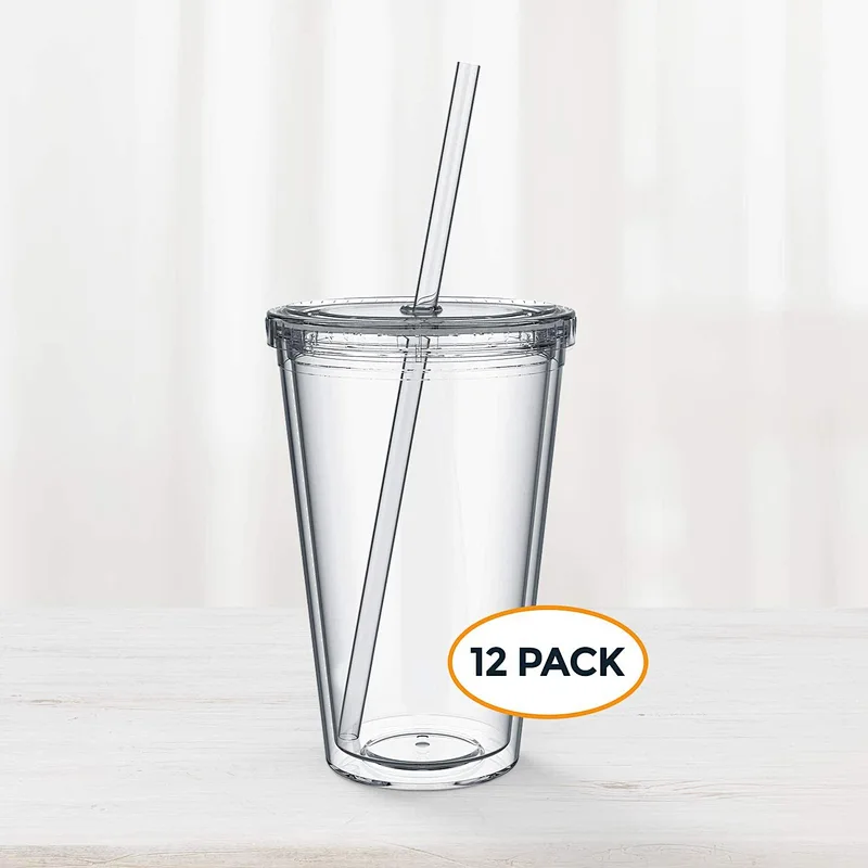 16oz Double Wall Insulate Reusable Travel Ice Coffee Mugs Transparent Plastic Tumblers With Straw And Lid In Bulk