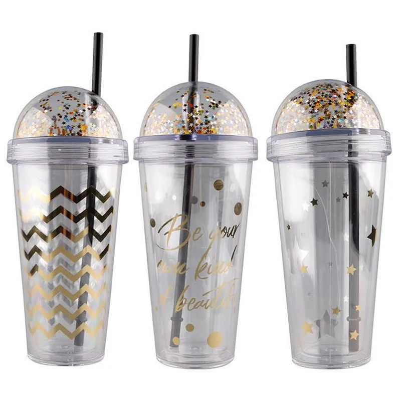 Hot Selling 16oz Korean Double wall Plastic Glitter Gift Portable Tea Tumbler Plastic Drinking Water Bottle For Girl sequins str