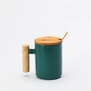 Unionsource Creatively New Designed Coffee Ceramic Mug With Wood Handle And Lid