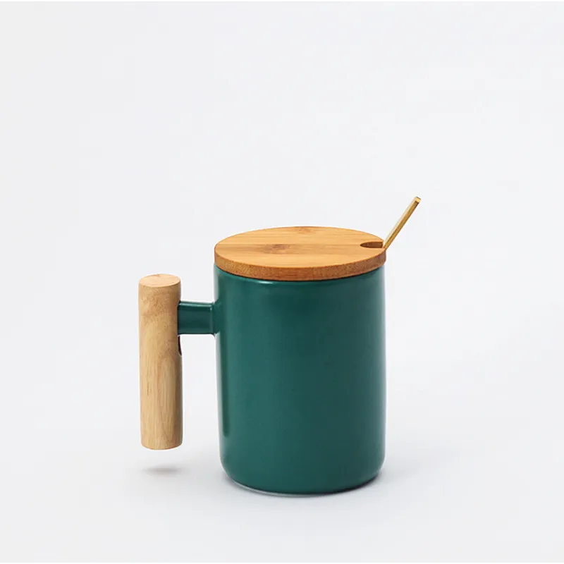 Unionsource Creatively New Designed Coffee Ceramic Mug With Wood Handle And Lid