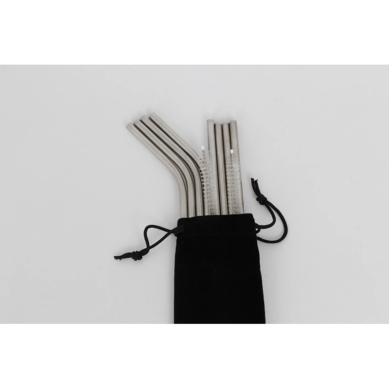 Reusable metal bubble tea milkshake silver straight bend stainless steel  straw set
