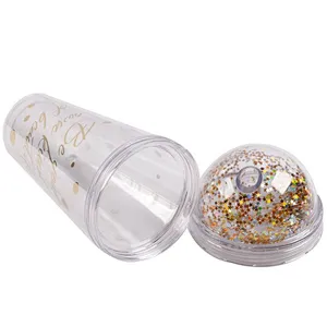 Hot Selling 16oz Korean Double wall Plastic Glitter Gift Portable Tea Tumbler Plastic Drinking Water Bottle For Girl sequins str
