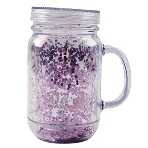 Hot Selling 650ml double wall   portable plastic mason water bottle with straw