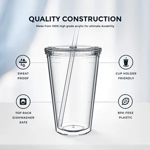 16oz Double Wall Insulate Reusable Travel Ice Coffee Mugs Transparent Plastic Tumblers With Straw And Lid In Bulk