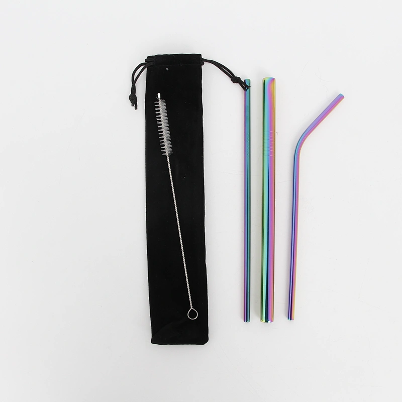 Eco Friendly Customized Reusable Food Grade Rainbow Color Stainless Steel Drinking Straws Set With Brush
