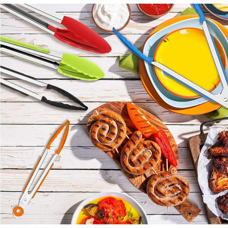 wholesale food grade non-stick high temperature resistance silicone tips BBQ kitchen food tongs