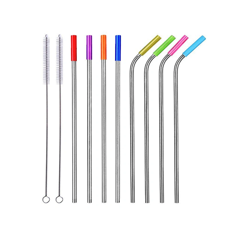 Union Source Folding metal stainless steel silicone straw With Cleaning Brushes