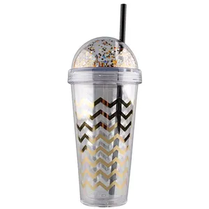 Hot Selling 16oz Korean Double wall Plastic Glitter Gift Portable Tea Tumbler Plastic Drinking Water Bottle For Girl sequins str