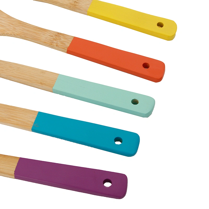 Natural kitchen set serving tools 5pcs set of bamboo cookware tools with multi-color handles