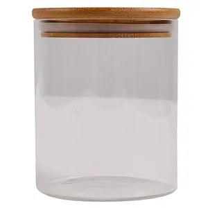 Union Source spice metal container food high borosilicate kitchen glass storage jar with airtight wood lids