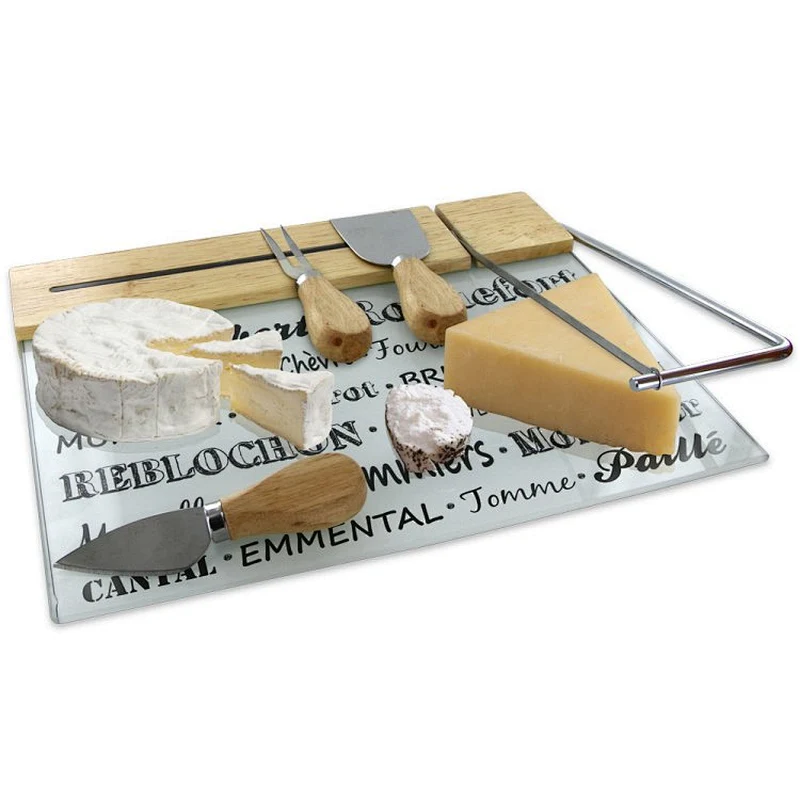 Non-slip glass fruits chopping Cutting cheese board set with 3 knives