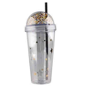 Hot Selling 16oz Korean Double wall Plastic Glitter Gift Portable Tea Tumbler Plastic Drinking Water Bottle For Girl sequins str