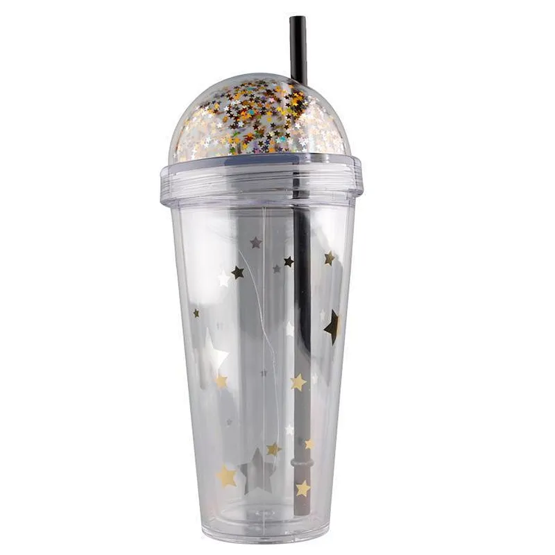 Hot Selling 16oz Korean Double wall Plastic Glitter Gift Portable Tea Tumbler Plastic Drinking Water Bottle For Girl sequins str