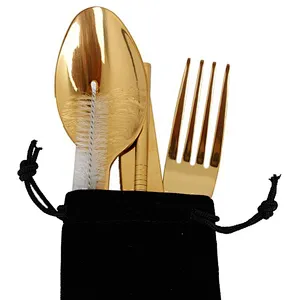 luxury travel easy storage restaurant stainless steel gold plating cutlery set tableware dinnerware sets