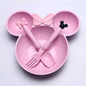 Russia Market Minnie Mouse Shape Baby Plates Sets Bamboo/Kids Dinner Plate Set With Fork And spoon