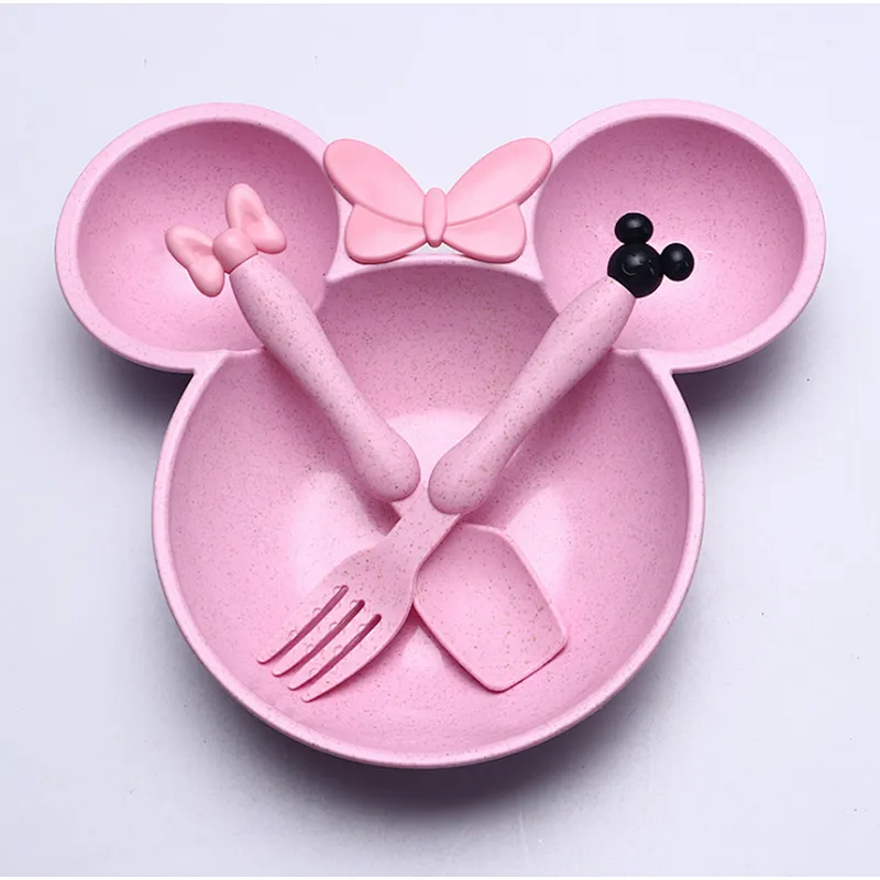 Russia Market Minnie Mouse Shape Baby Plates Sets Bamboo/Kids Dinner Plate Set With Fork And spoon