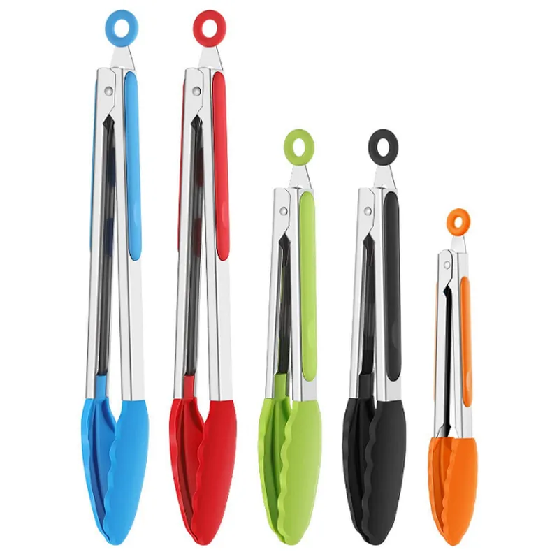 wholesale food grade non-stick high temperature resistance silicone tips BBQ kitchen food tongs