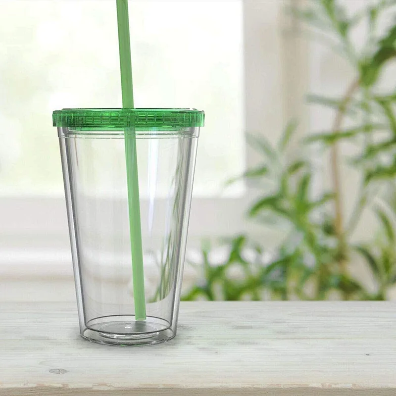 16oz Double Wall Insulate Reusable Travel Ice Coffee Mugs Transparent Plastic Tumblers With Straw And Lid In Bulk