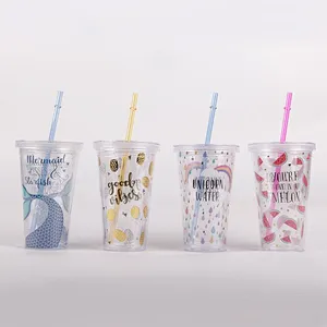 Creative Custom printed Outdoor Eco-Friendly 450ML Summer Portable double wall plastic drinking sports tumblers with straw