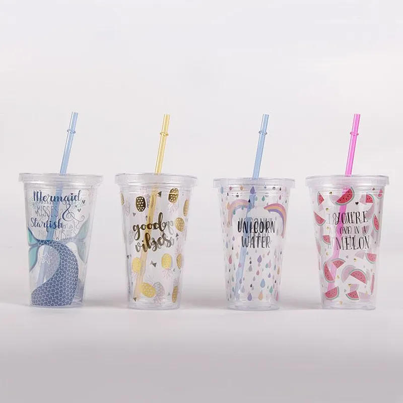 Creative Custom printed Outdoor Eco-Friendly 450ML Summer Portable double wall plastic drinking sports tumblers with straw