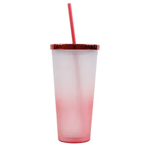 wholesale 24oz eco friendly gradient  double layer portable leakproof sport  plastic water bottle  with  straw