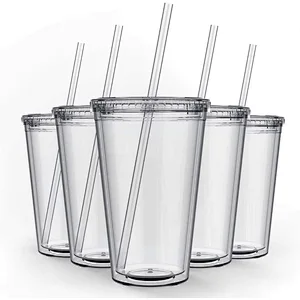 16oz Double Wall Insulate Reusable Travel Ice Coffee Mugs Transparent Plastic Tumblers With Straw And Lid In Bulk