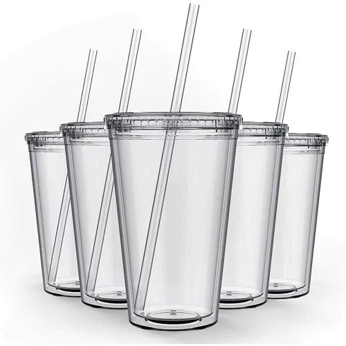 16oz Double Wall Insulate Reusable Travel Ice Coffee Mugs Transparent Plastic Tumblers With Straw And Lid In Bulk