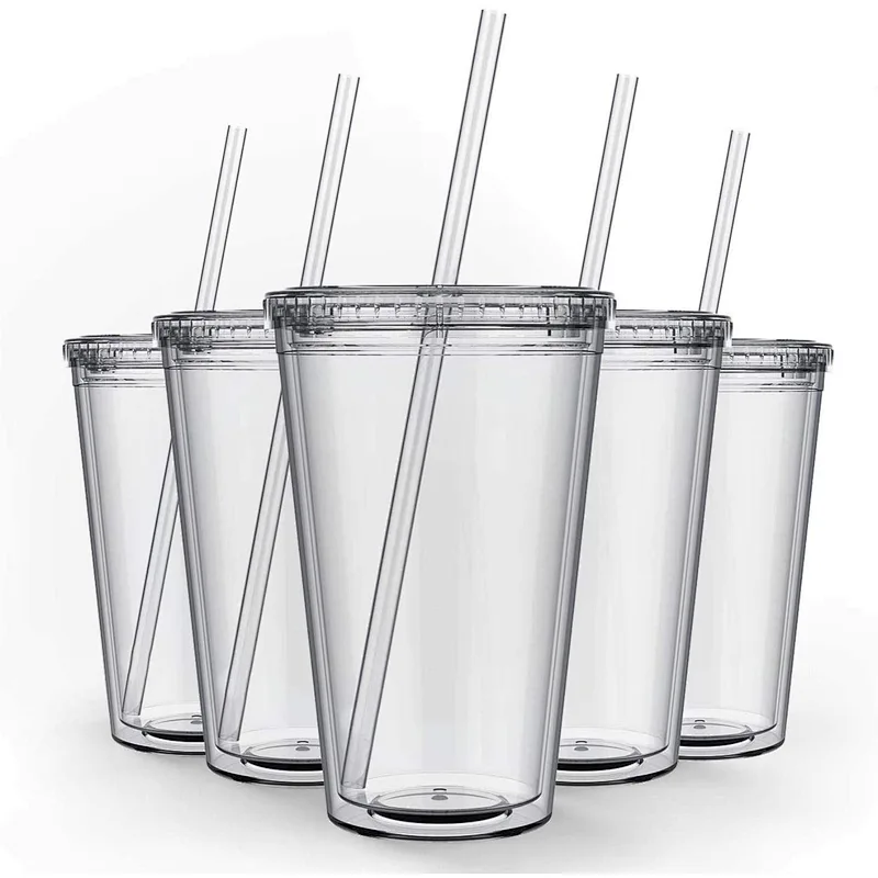 16oz Double Wall Insulate Reusable Travel Ice Coffee Mugs Transparent Plastic Tumblers With Straw And Lid In Bulk