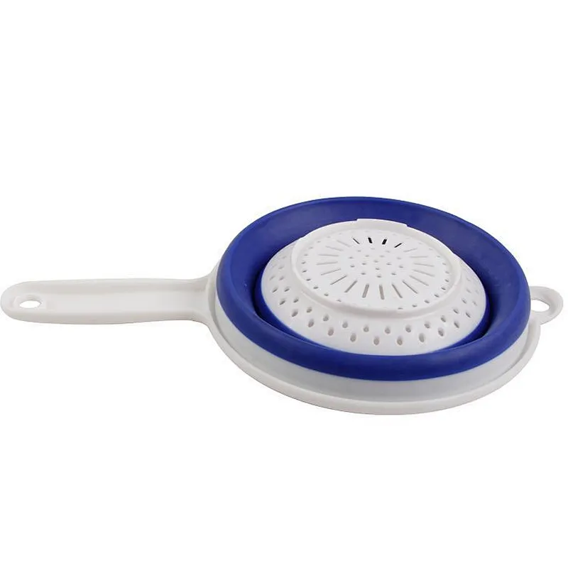 Environmentally friendly food grade materials Fruit vegetable drain basket kitchen foldable silicone strainer with long handle