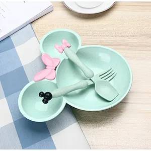 Russia Market Minnie Mouse Shape Baby Plates Sets Bamboo/Kids Dinner Plate Set With Fork And spoon