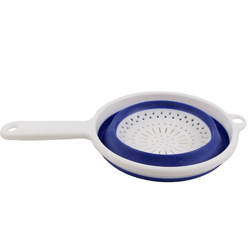 Environmentally friendly food grade materials Fruit vegetable drain basket kitchen foldable silicone strainer with long handle