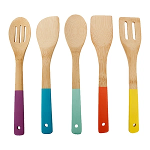 Natural kitchen set serving tools 5pcs set of bamboo cookware tools with multi-color handles