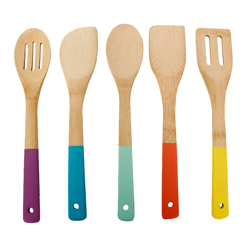 Natural kitchen set serving tools 5pcs set of bamboo cookware tools with multi-color handles