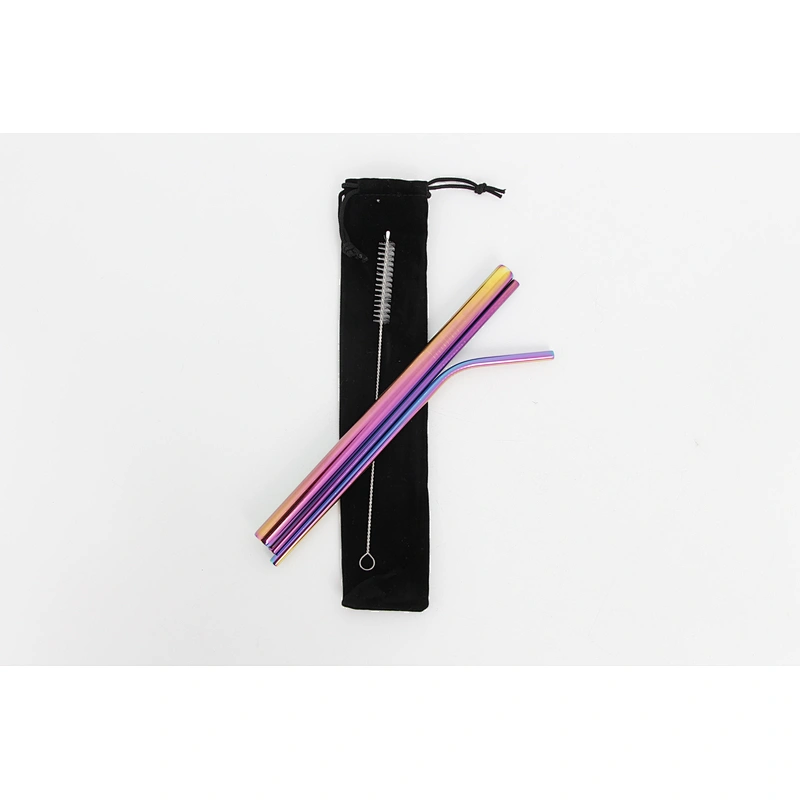 Eco Friendly Customized Reusable Food Grade Rainbow Color Stainless Steel Drinking Straws Set With Brush