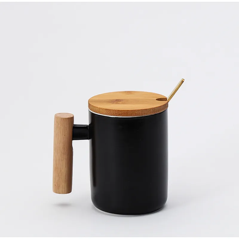 Unionsource Creatively New Designed Coffee Ceramic Mug With Wood Handle And Lid