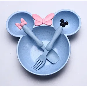 Russia Market Minnie Mouse Shape Baby Plates Sets Bamboo/Kids Dinner Plate Set With Fork And spoon
