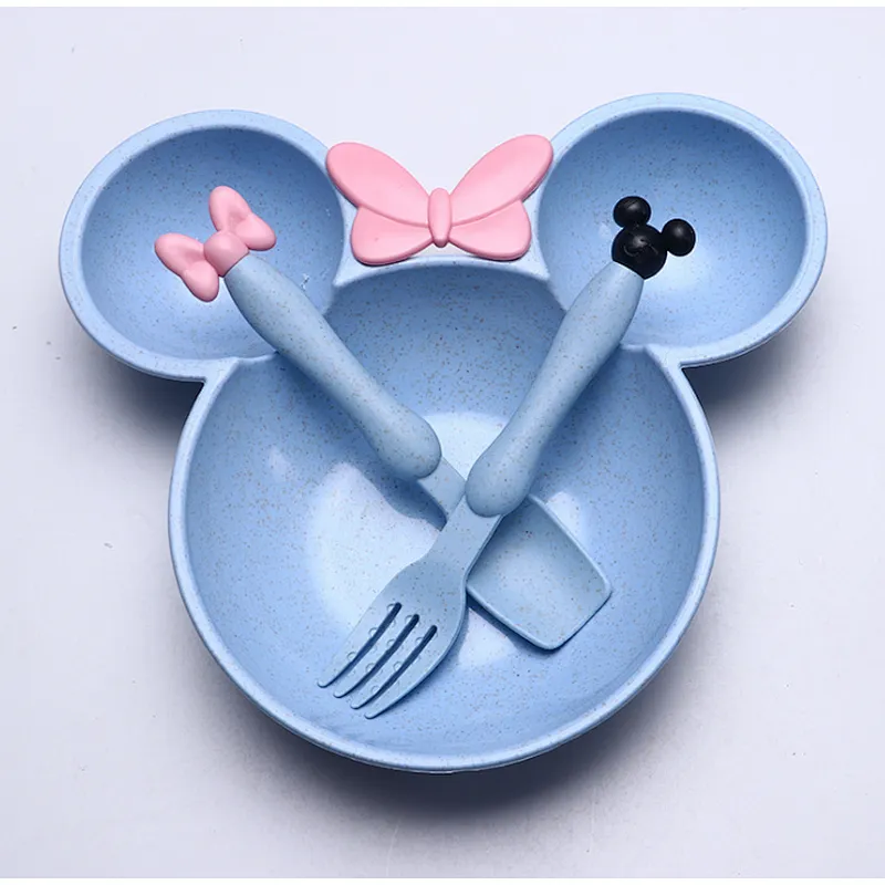 Russia Market Minnie Mouse Shape Baby Plates Sets Bamboo/Kids Dinner Plate Set With Fork And spoon