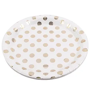 8pcs Round Paper Party Plates Set/Decorative Tableware for Birthday Parties, Weddings,Life Celebrations with Gold Polka Dot