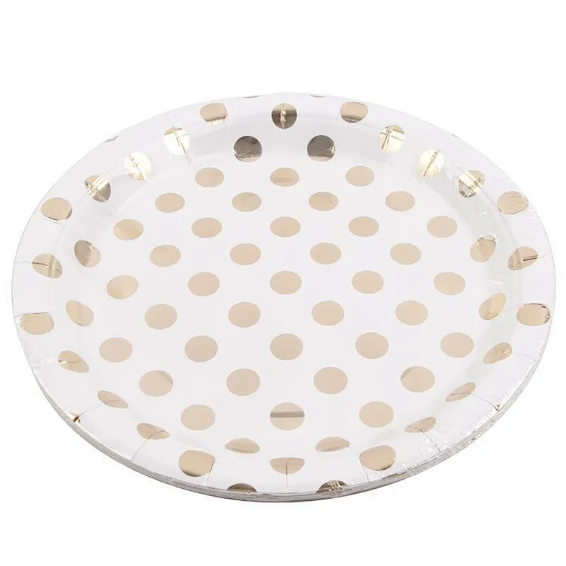 8pcs Round Paper Party Plates Set/Decorative Tableware for Birthday Parties, Weddings,Life Celebrations with Gold Polka Dot