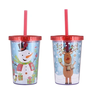 380ML Christmas Cups Double Wall 12oz Plastic straw water bottle with lid