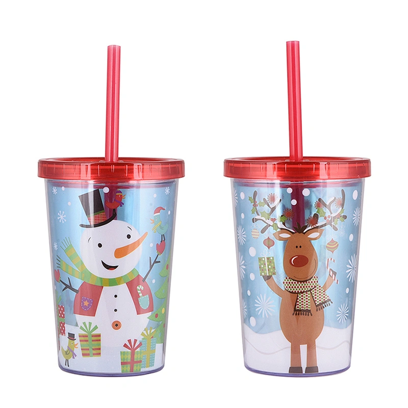380ML Christmas Cups Double Wall 12oz Plastic straw water bottle with lid