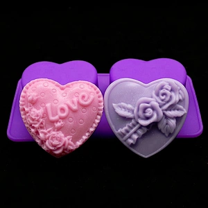 Exquisite 2 cavity decorative heart shape 3d silicone fruit cake baking decorating tools soap molds for home kitchen