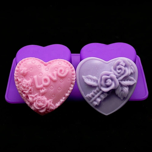 Exquisite 2 cavity decorative heart shape 3d silicone fruit cake baking decorating tools soap molds for home kitchen
